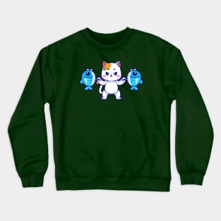 Cute Cat Lifting Fish Barbell Cartoon Crewneck Sweatshirt